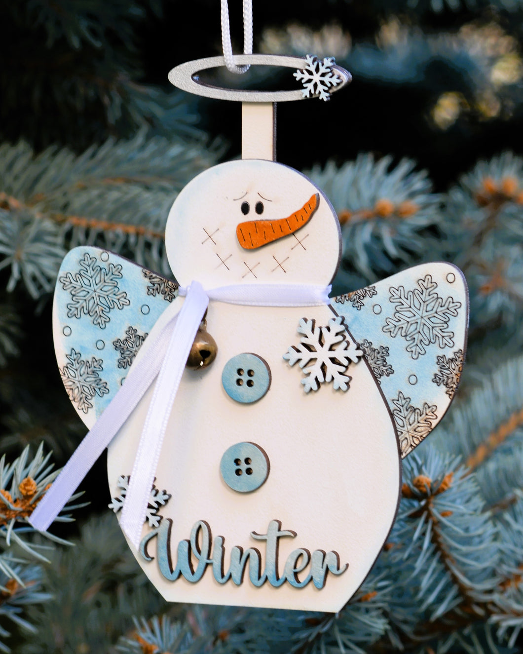 Wooden Snowman Angel Ornament